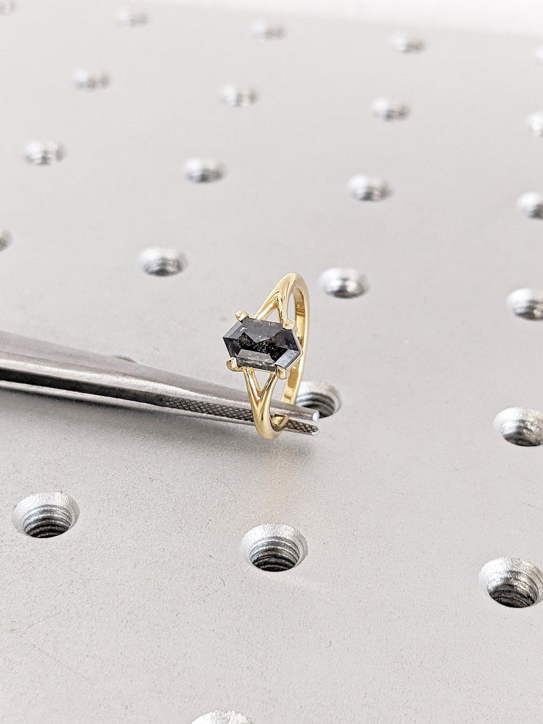 18k Yellow Gold Statement Ring, Salt and Pepper Diamond Engagement Ring, Solitaire Proposal Ring, Art Deco Diamond Ring, Gift for Girlfriend