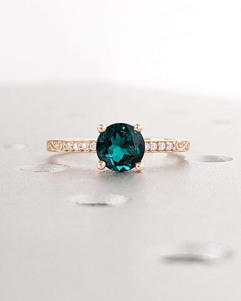 Vintage Emerald Engagement Ring, Rose Gold Ring, Round Cut Wedding Ring, Art Deco Lab Emerald Ring, Unique Anniversary Ring, May Birthstone