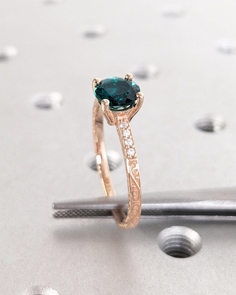 Vintage Emerald Engagement Ring, Rose Gold Ring, Round Cut Wedding Ring, Art Deco Lab Emerald Ring, Unique Anniversary Ring, May Birthstone