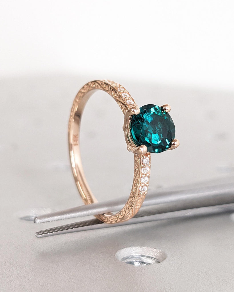 14K Rose Gold Round Cut Solitaire Engagement Ring, Wedding Ring, Bridal Ring, Lab Created Green Emerald, Diamond/Moissanite Accent, Filigree