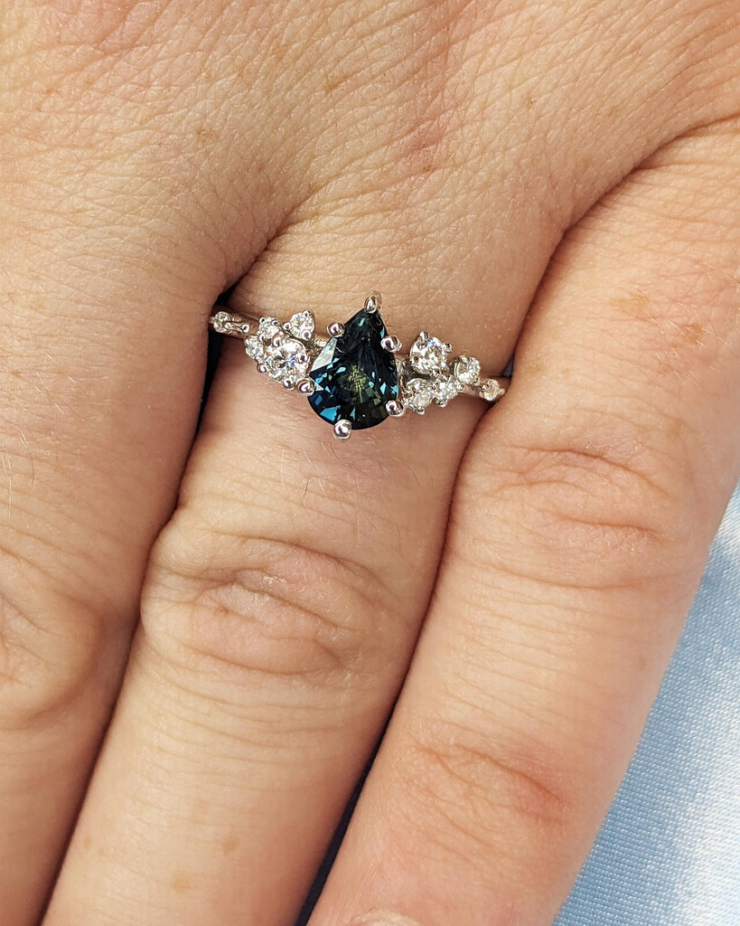 Montana Sapphire Engagement Snowdrift Cluster Ring, Pear Cut Blue Green Teal Peacock Sapphire, Vintage Style Art Deco Bridal Engagement Ring image #9