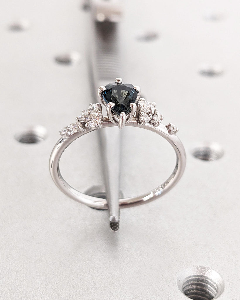 Montana Sapphire Engagement Snowdrift Cluster Ring, Pear Cut Blue Green Teal Peacock Sapphire, Vintage Style Art Deco Bridal Engagement Ring image #6