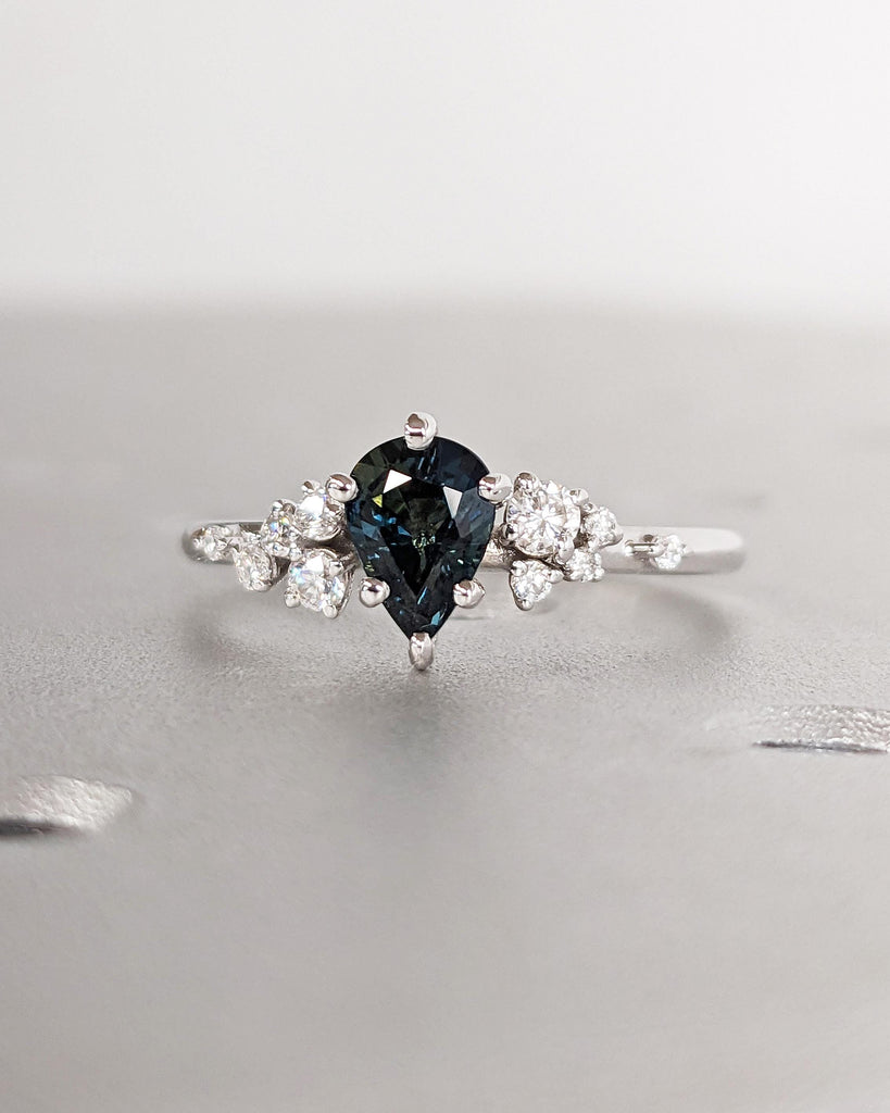 Montana Sapphire Engagement Snowdrift Cluster Ring, Pear Cut Blue Green Teal Peacock Sapphire, Vintage Style Art Deco Bridal Engagement Ring image #3