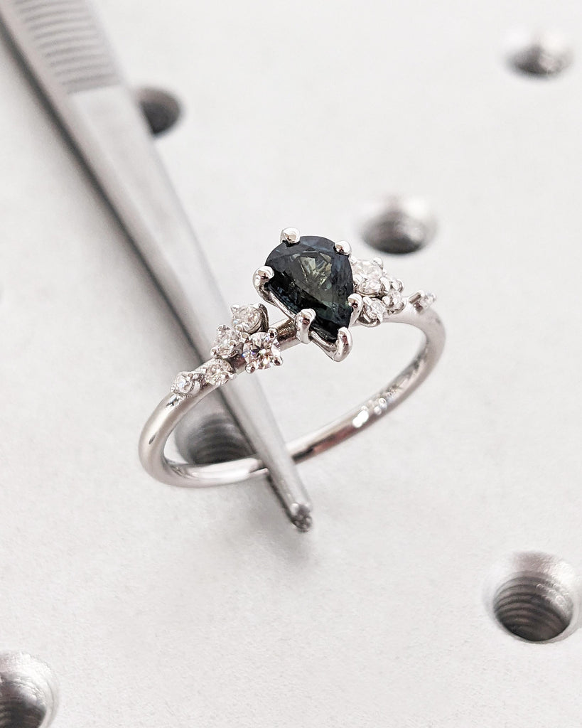Montana Sapphire Engagement Snowdrift Cluster Ring, Pear Cut Blue Green Teal Peacock Sapphire, Vintage Style Art Deco Bridal Engagement Ring image #5