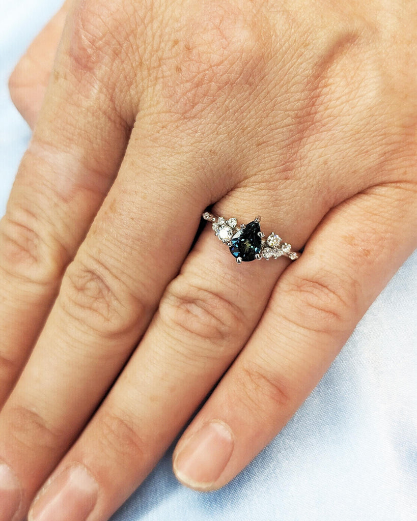 Montana Sapphire Engagement Snowdrift Cluster Ring, Pear Cut Blue Green Teal Peacock Sapphire, Vintage Style Art Deco Bridal Engagement Ring image #10