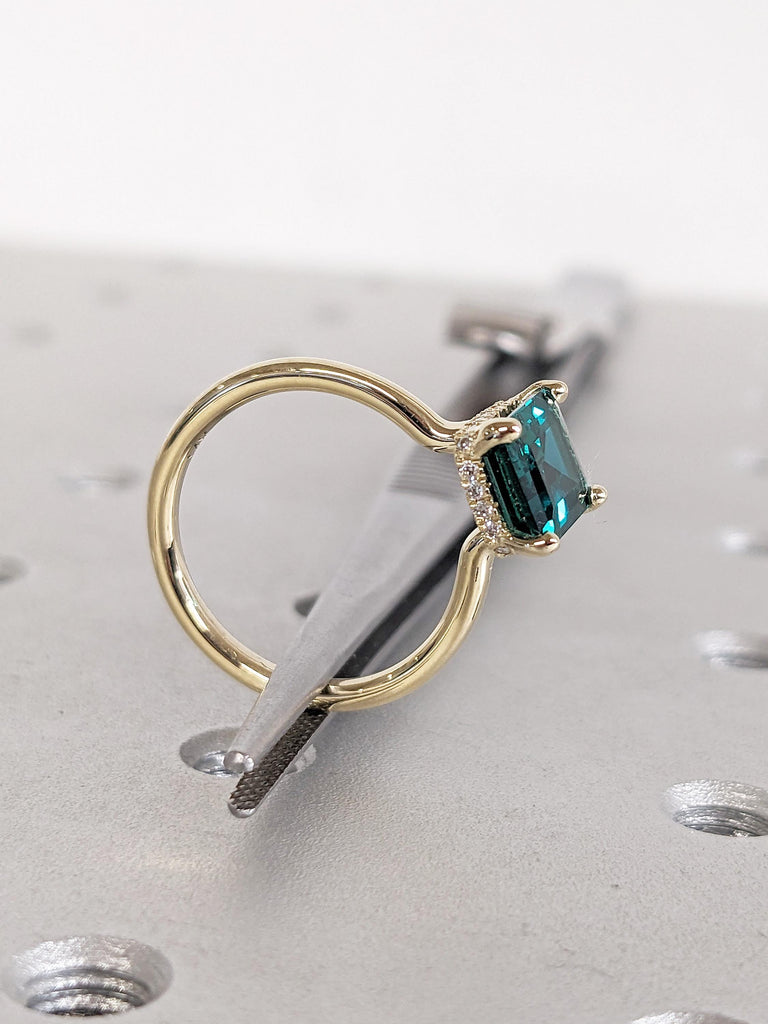 Emerald Cut Lab Grown Emerald Promise Ring, 14k Yellow Gold Hidden Halo Ring, Green Emerald Wedding Ring, Statement Ring, Gift for Wife