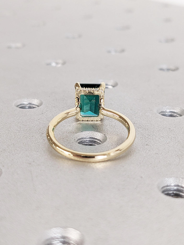 Emerald Cut Lab Grown Emerald Promise Ring, 14k Yellow Gold Hidden Halo Ring, Green Emerald Wedding Ring, Statement Ring, Gift for Wife