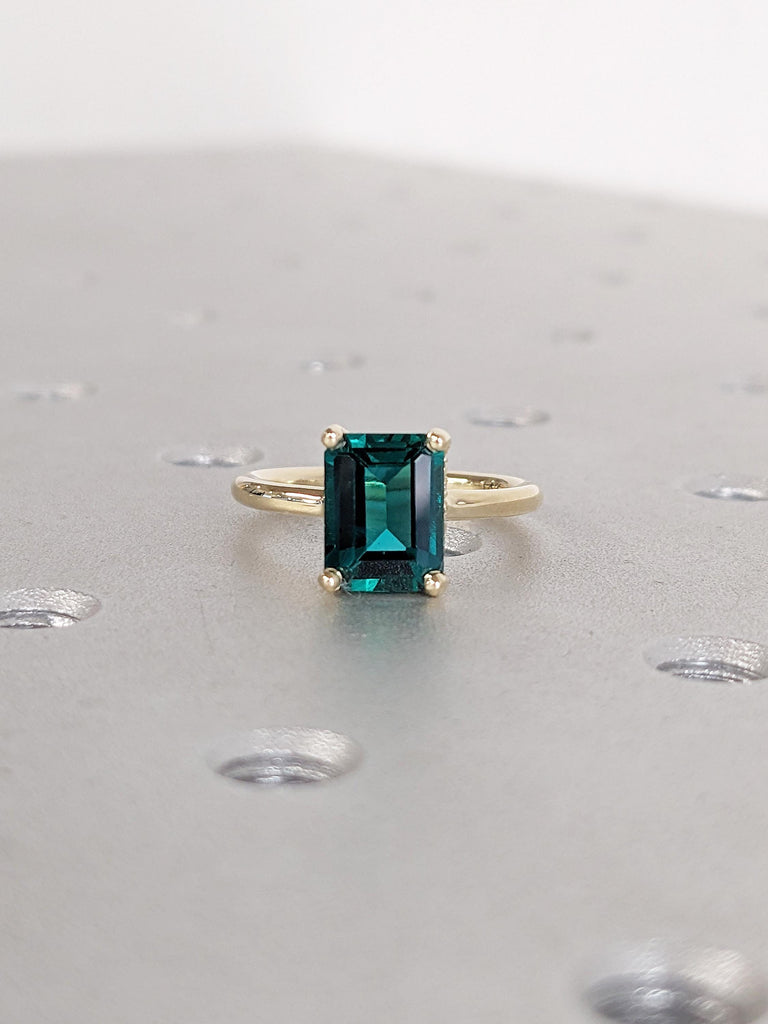 Emerald Cut Lab Grown Emerald Promise Ring, 14k Yellow Gold Hidden Halo Ring, Green Emerald Wedding Ring, Statement Ring, Gift for Wife