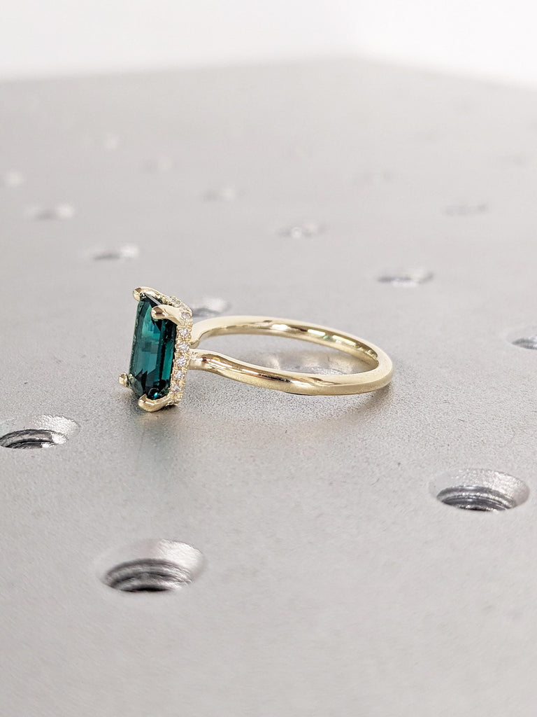 Emerald Cut Lab Grown Emerald Promise Ring, 14k Yellow Gold Hidden Halo Ring, Green Emerald Wedding Ring, Statement Ring, Gift for Wife