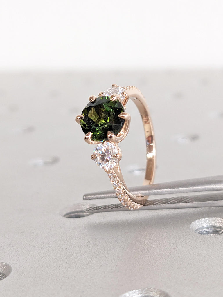 Round Tourmaline Ring, 14k Rose Gold Engagement Ring, Vintage Green Tourmaline Ring, Art Deco Three Stone Ring, Anniversary Gift for Wife image #7