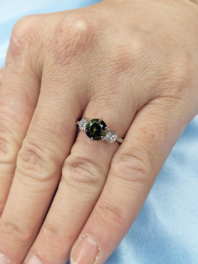Round Tourmaline Ring, 14k Rose Gold Engagement Ring, Vintage Green Tourmaline Ring, Art Deco Three Stone Ring, Anniversary Gift for Wife image #4