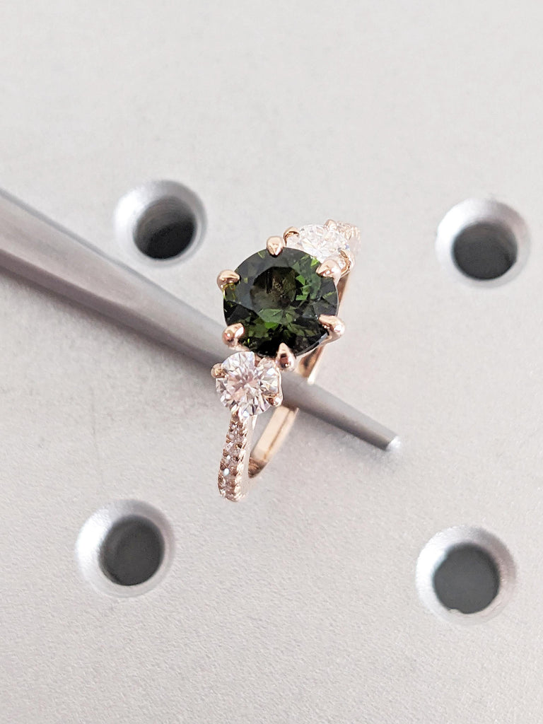 Round Tourmaline Ring, 14k Rose Gold Engagement Ring, Vintage Green Tourmaline Ring, Art Deco Three Stone Ring, Anniversary Gift for Wife image #8