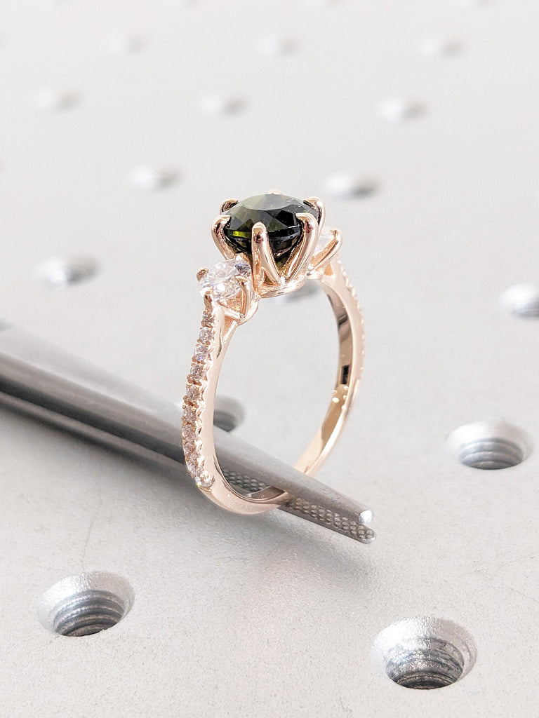 Round Tourmaline Ring, 14k Rose Gold Engagement Ring, Vintage Green Tourmaline Ring, Art Deco Three Stone Ring, Anniversary Gift for Wife image #9