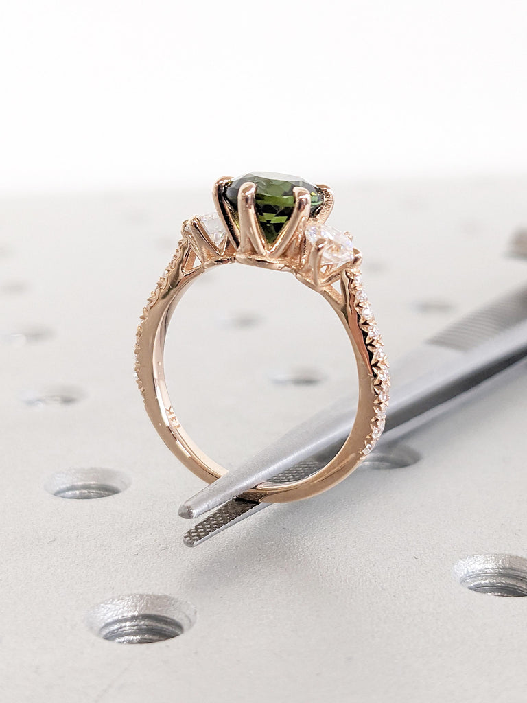 Round Tourmaline Ring, 14k Rose Gold Engagement Ring, Vintage Green Tourmaline Ring, Art Deco Three Stone Ring, Anniversary Gift for Wife image #6