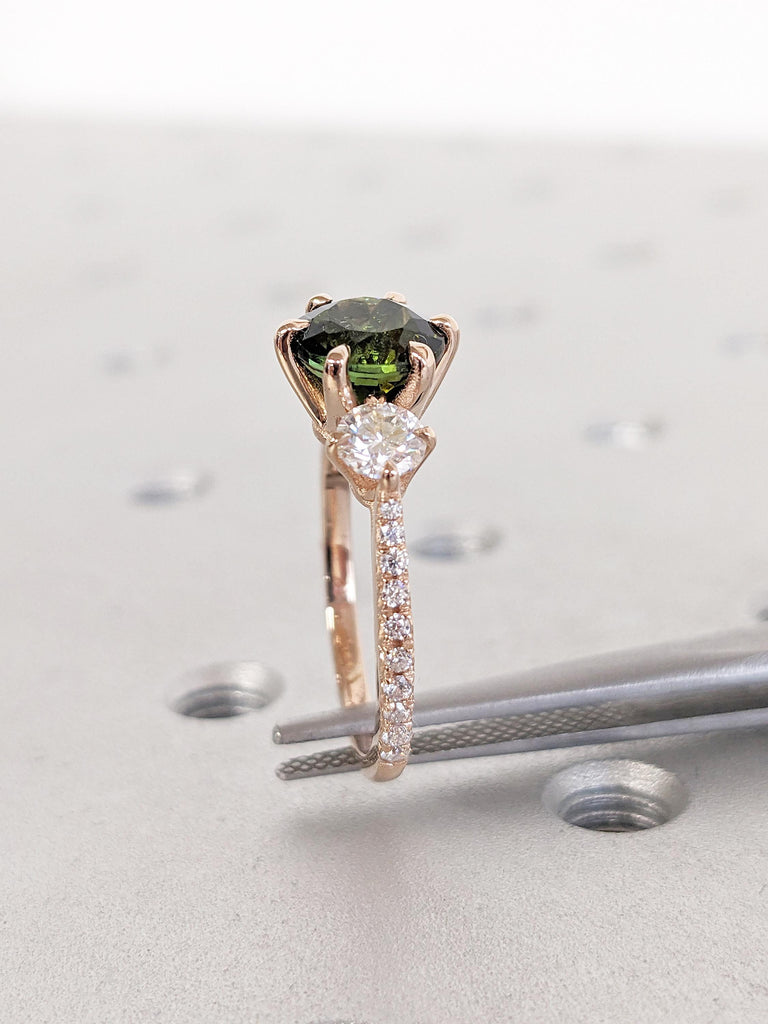Round Tourmaline Ring, 14k Rose Gold Engagement Ring, Vintage Green Tourmaline Ring, Art Deco Three Stone Ring, Anniversary Gift for Wife image #5