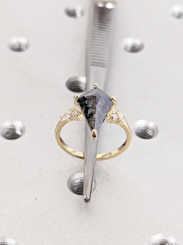 Kite Cut Salt and Pepper Diamond Ring, Art Deco 14k Yellow Gold Engagement Ring, Round and Pear Diamond Cluster Ring, Unique Statement Ring