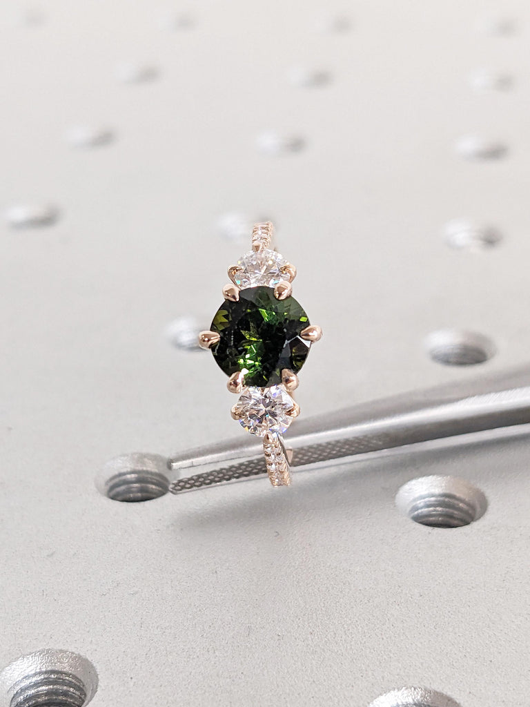 Round Tourmaline Ring, 14k Rose Gold Engagement Ring, Vintage Green Tourmaline Ring, Art Deco Three Stone Ring, Anniversary Gift for Wife image #10