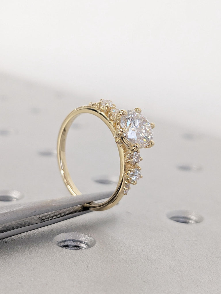 18k Yellow Gold Simulated Diamond Engagement Ring | Moissanite Cluster Ring