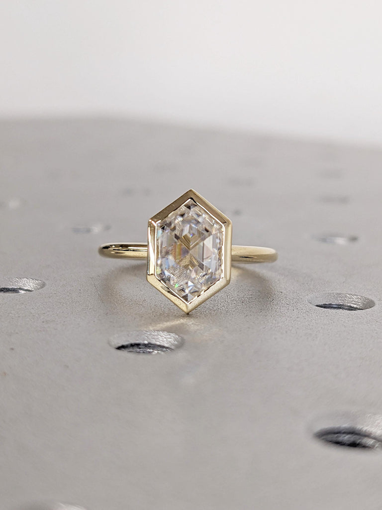 Hexagon Cut Lab Grown Diamond Ring, 14K Yellow Gold Bezel Set Ring, Solitaire Engagement Ring, Unique Promise Ring for Her, Anniversary Gift