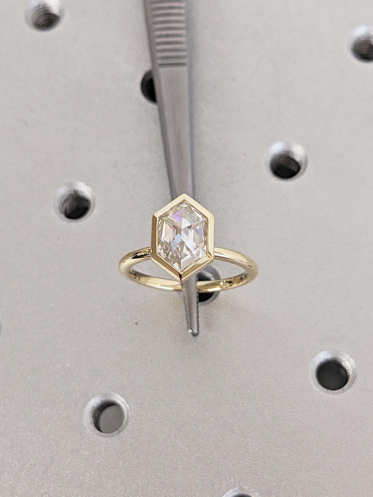 Hexagon Cut Lab Grown Diamond Ring, 14K Yellow Gold Bezel Set Ring, Solitaire Engagement Ring, Unique Promise Ring for Her, Anniversary Gift