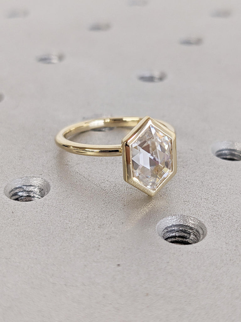 Hexagon Cut Lab Grown Diamond Ring, 14K Yellow Gold Bezel Set Ring, Solitaire Engagement Ring, Unique Promise Ring for Her, Anniversary Gift