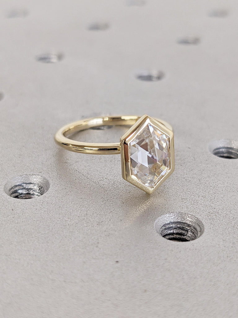 Lab Grown Diamond Engagement Ring, Hexagon Cut 14K Yellow Gold Ring, Solitaire Wedding Rings for Women, Diamond Bezel Set Ring, Wedding Gift