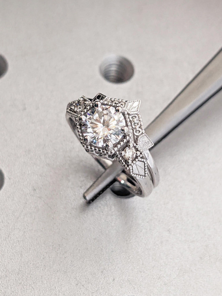 Unique Moissanite Promise Ring Set, 14K White Gold Stacking Ring, Art Deco Moissanite Ring Set, Vintage Milgrain Statement Ring, Bridal Gift