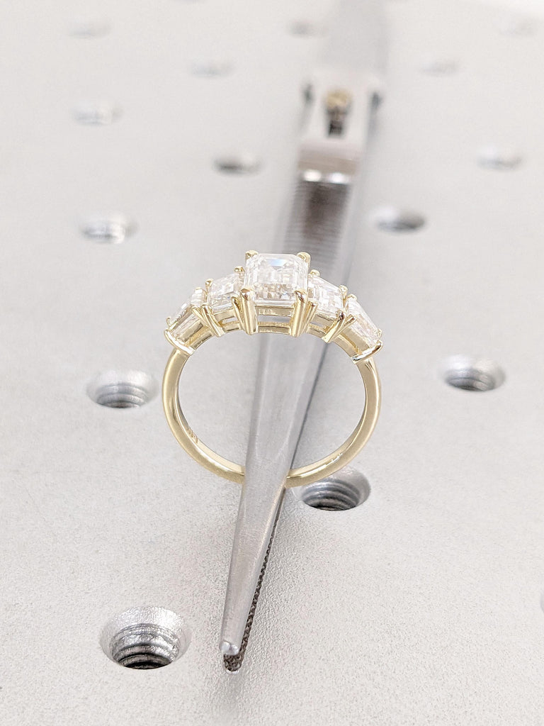 Lab Grown Diamond Engagement Ring, Dainty Solid Gold Promise Ring for Her, Unique Baguette Ring, Lab Created Diamond Ring, Emerald Cut Ring