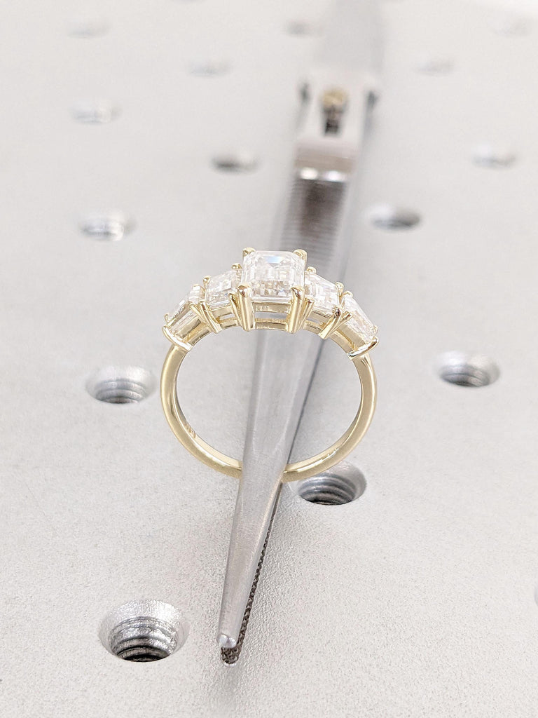 14k Gold Engagement Ring, Lab Grown Diamond Ring, Diamond Baguette and Emerald Cut Ring, Art Deco Lab Diamond Ring, Vintage Anniversary Ring