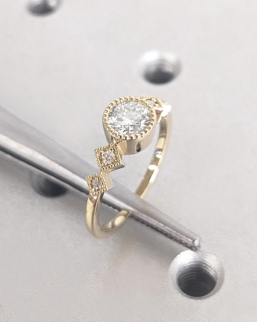 Vintage Wedding Ring - 5MM Round Lab Grown Diamond Ring - Five Stone Bezel Set Ring - 14K Yellow Gold - Alternative Engagement Ring for Wife