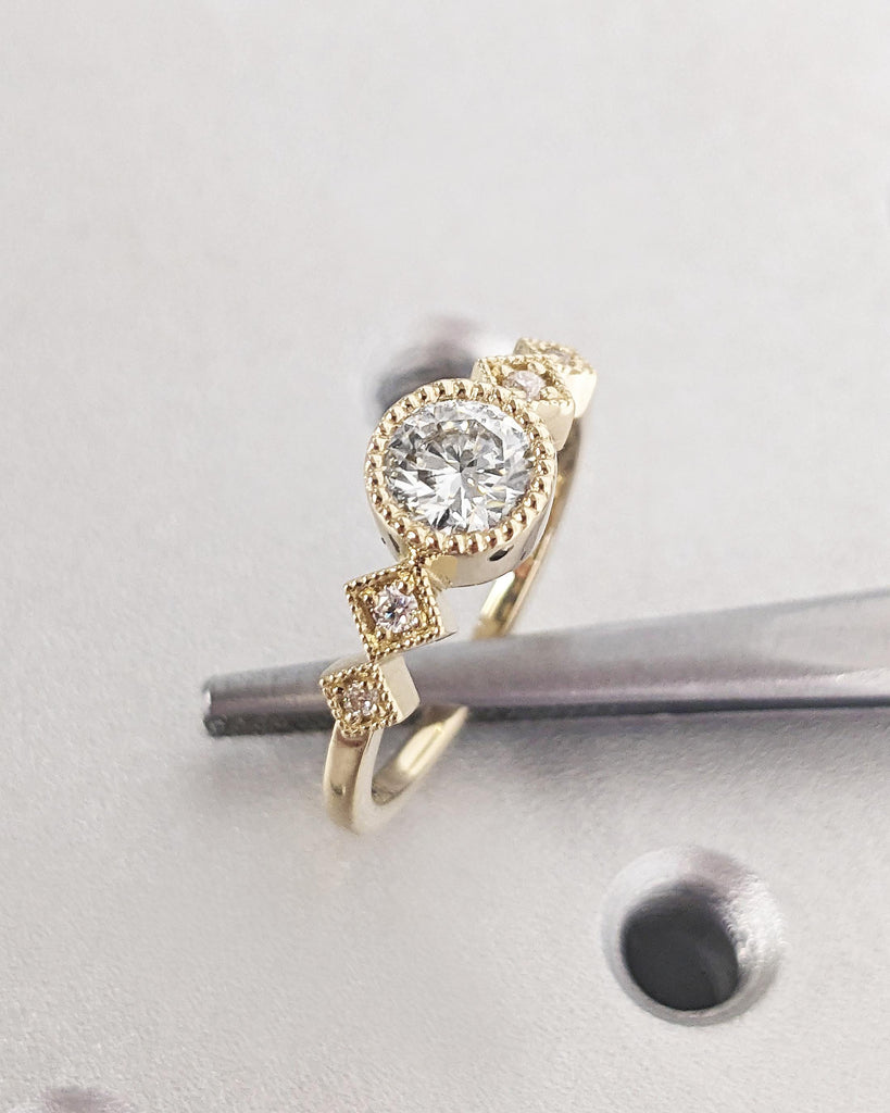 Milgrain 14k Yellow Gold Wedding Rings for Women, Bezel Set Lab Diamond Anniversary Ring, Art Deco Diamond Promise Ring for Her, Bridal Gift