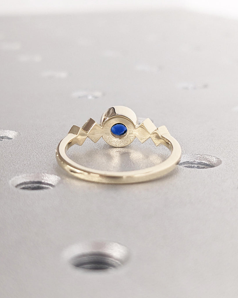 Art Deco 14K Yellow Gold Blue Sapphire Ring, Vintage 5mm Round Lab Sapphire Ring, Bezel Set Anniversary Ring, Unique Birthday Gift for Wife