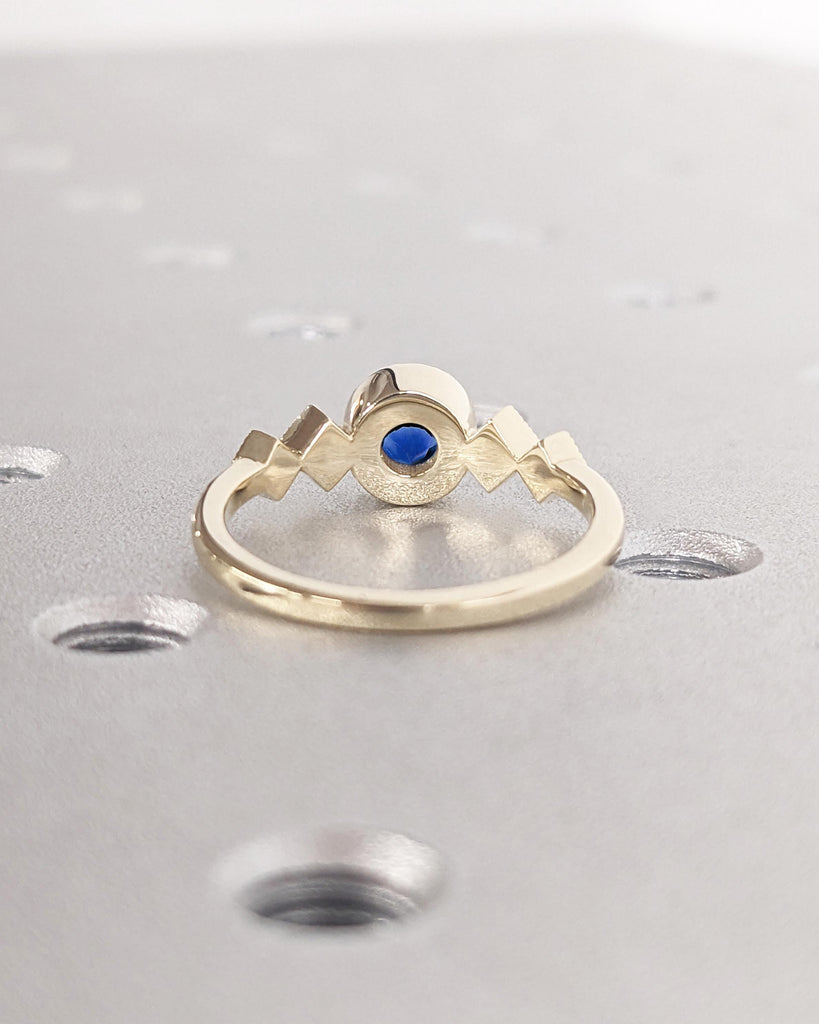 14k 18k Yellow Gold Sapphire Engagement Ring | Unique Five Stone Ring Women Wedding Ring | Bezel set Milgrain Ring | Art Deco Promise Ring