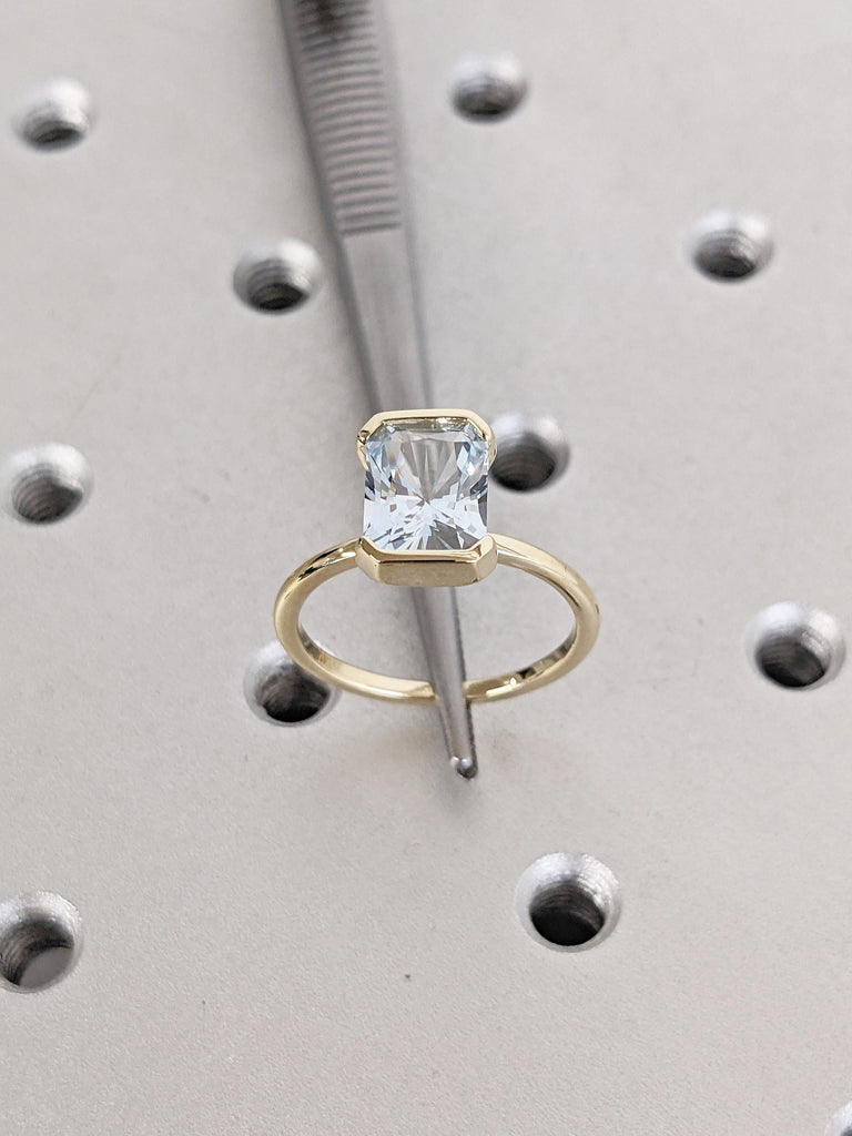 Radiant Cut Lab Aquamarine Engagement Ring, 14k Yellow Gold Floating Bezel Ring, Blue Aquamarine Ring, Statement Ring, Unique Gift for Her