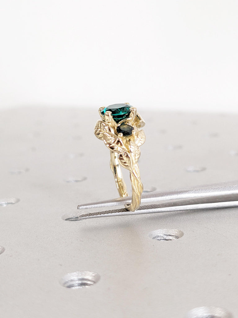 Vintage 14k Yellow Gold Leaf Ring, Art Deco Lab Emerald Engagement Ring, Nature Inspired Emerald Anniversary Rings, Peacock Sapphire Ring