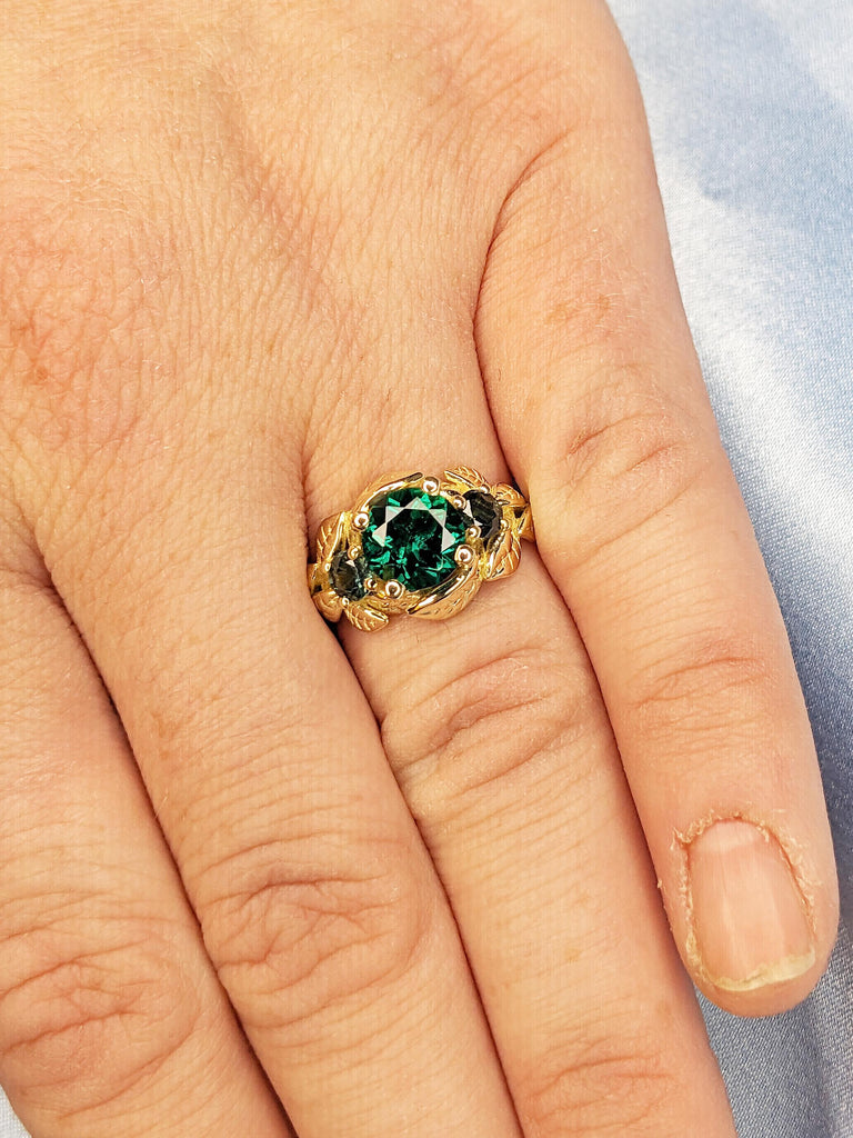 Nature Inspired Lab Emerald Engagement Ring, Vintage 14k Yellow Gold Leaf Ring, Art Deco Statement Ring, Peacock Sapphire Ring, Bridal Gift