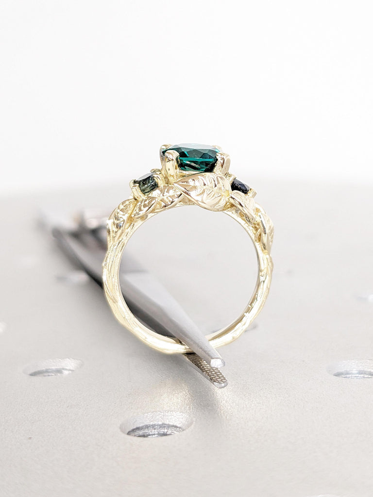 Nature Inspired Lab Emerald Engagement Ring, Vintage 14k Yellow Gold Leaf Ring, Art Deco Statement Ring, Peacock Sapphire Ring, Bridal Gift