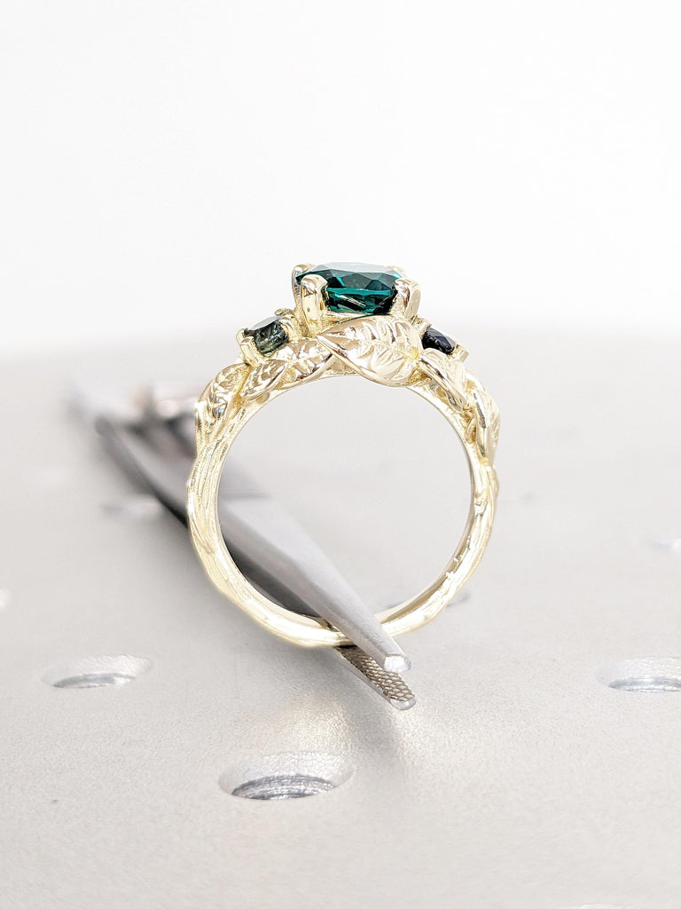 Vintage 14k Yellow Gold Leaf Ring, Art Deco Lab Emerald Engagement Ring, Nature Inspired Emerald Anniversary Rings, Peacock Sapphire Ring