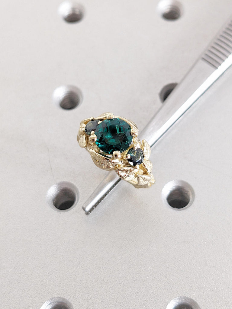 Nature Inspired Lab Emerald Engagement Ring, Vintage 14k Yellow Gold Leaf Ring, Art Deco Statement Ring, Peacock Sapphire Ring, Bridal Gift