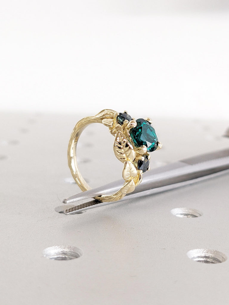 Nature Inspired Lab Emerald Engagement Ring, Vintage 14k Yellow Gold Leaf Ring, Art Deco Statement Ring, Peacock Sapphire Ring, Bridal Gift