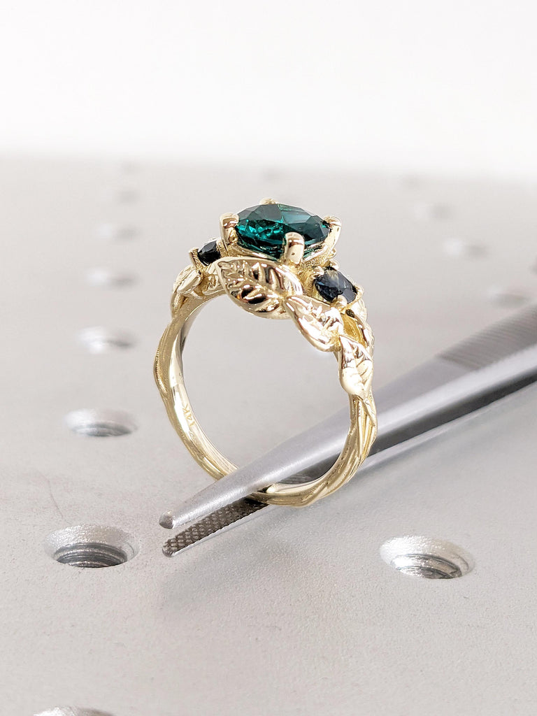 Vintage 14k Yellow Gold Leaf Ring, Art Deco Lab Emerald Engagement Ring, Nature Inspired Emerald Anniversary Rings, Peacock Sapphire Ring