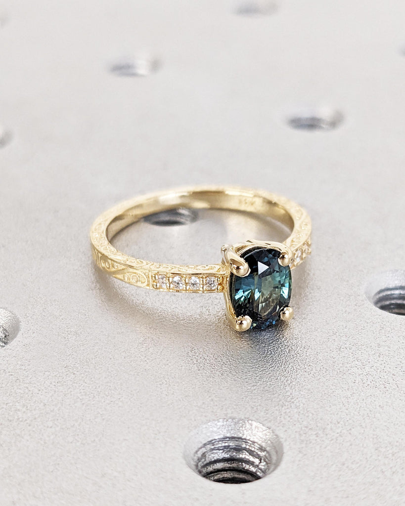 One of a Kind Montana Sapphire Ring, Blue Sapphire Diamond Cluster Ring, Vintage Inspired Blue Sapphire Engagement Ring, 18K Gold Green Teal