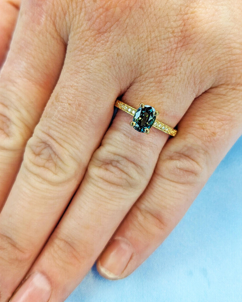 One of a Kind Montana Sapphire Ring, Blue Sapphire Diamond Cluster Ring, Vintage Inspired Blue Sapphire Engagement Ring, 18K Gold Green Teal