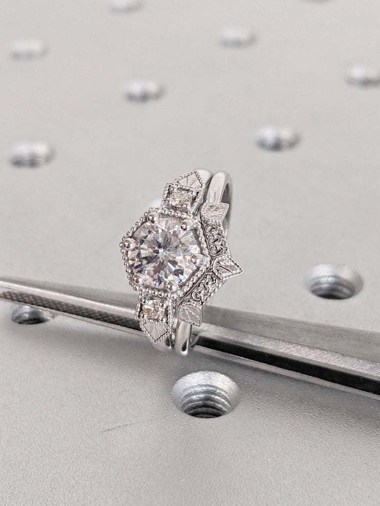 Unique Lab Grown Diamond Promise Ring Set | 14K White Gold Women Wedding Band Set | Art Deco Diamond Ring | Vintage Milgrain Stackable Ring