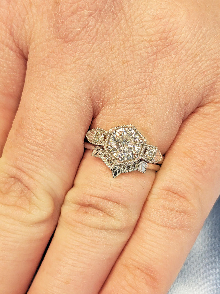 Unique Lab Grown Diamond Promise Ring Set | 14K White Gold Women Wedding Band Set | Art Deco Diamond Ring | Vintage Milgrain Stackable Ring