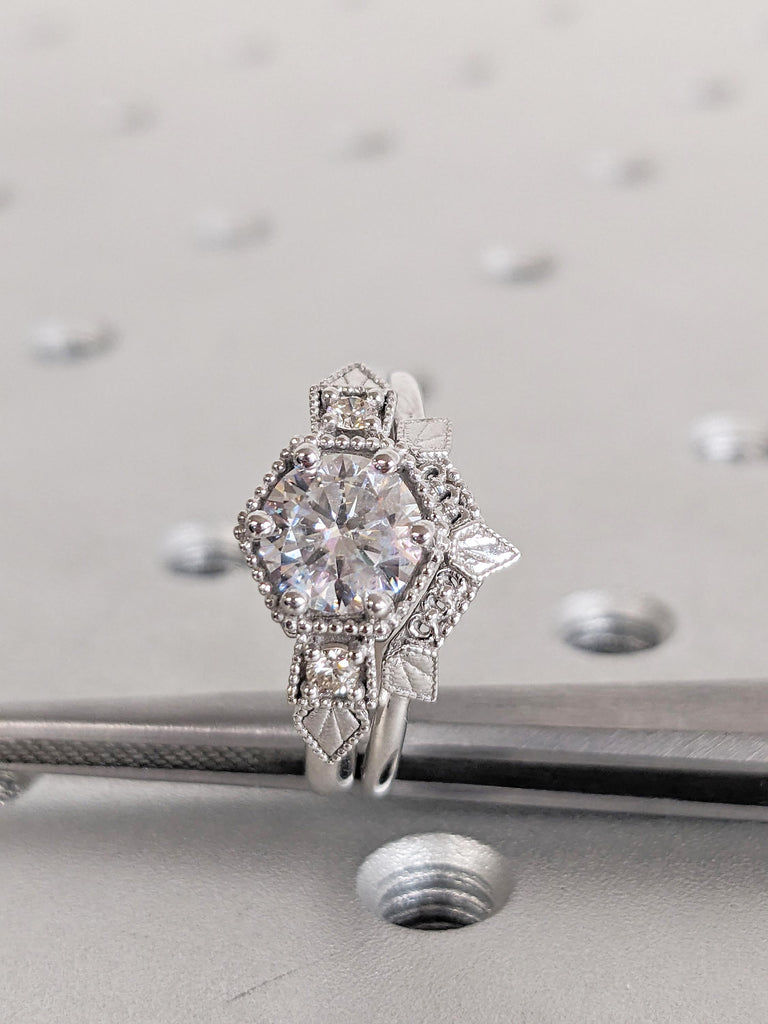 Unique Lab Grown Diamond Promise Ring Set | 14K White Gold Women Wedding Band Set | Art Deco Diamond Ring | Vintage Milgrain Stackable Ring