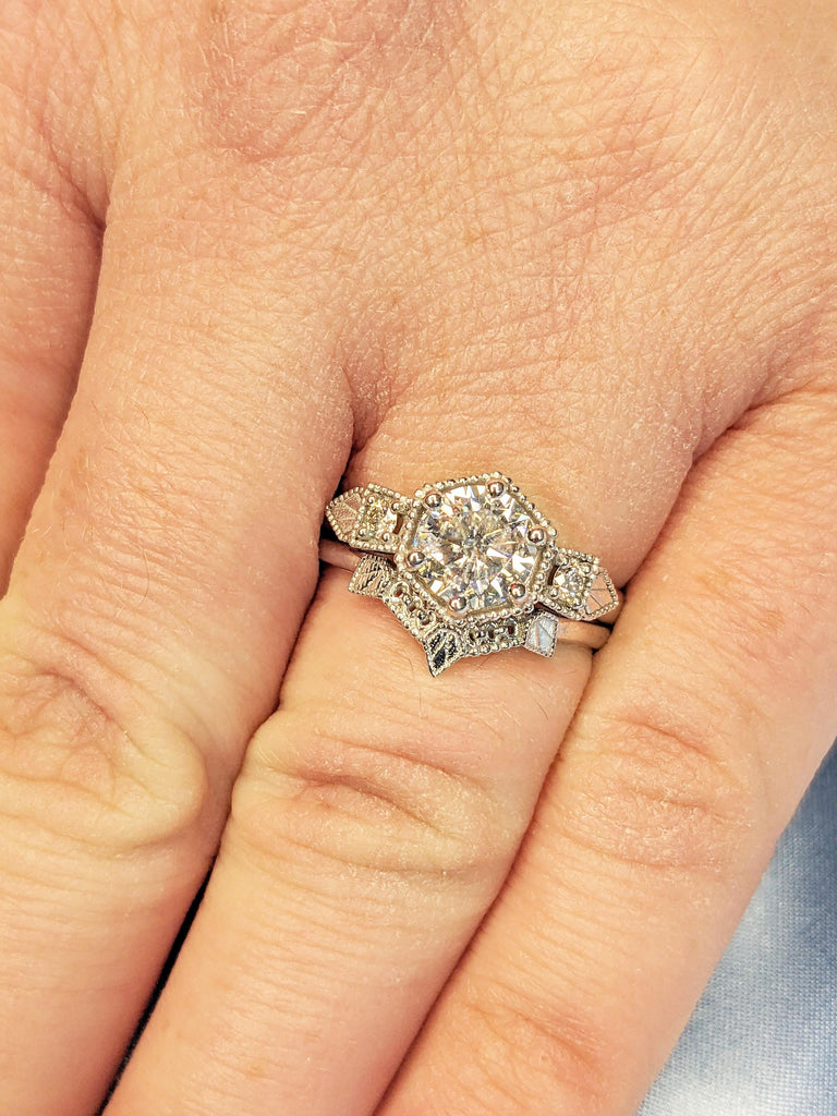 Art Deco Moissanite Anniversary Ring, Dainty 14K White Gold Wedding Ring Set, Milgrain Moissanite and Lab Diamond Bridal Set, Gift for Women