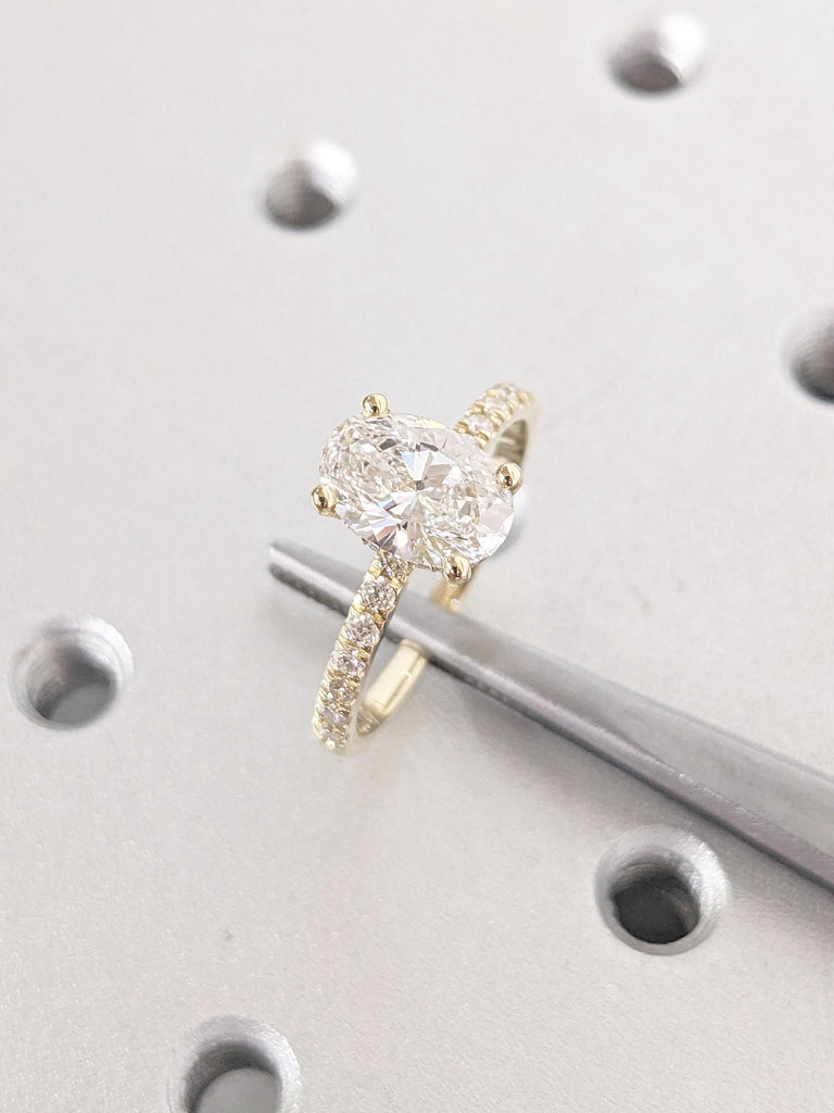 Oval cut Hidden Halo Diamond Engagement Ring | 1.5ct Oval Cut Moissanite | 14k,  18k Gold Rings for Women | 2mm Thin Band
