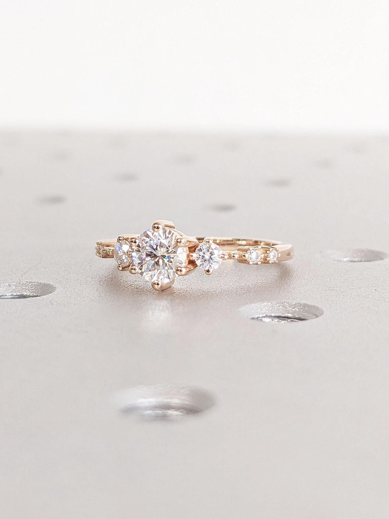 Vintage Lab Diamond Engagement ring, Dainty Rose Gold Engagement Ring, Unique Cluster Diamond Proposal Ring, Round cut Bridal Promise Anniversary Ring