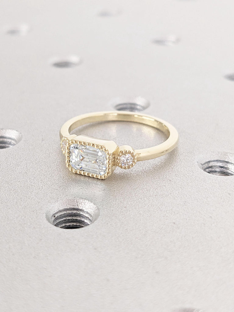 0.5CT, 1Ct, 1.5CT Emerald cut Moissanite Milgrain Promise Ring | Vintage Moissanite Engagement Ring, 14K Gold Ring | Cocktail Ring for Women